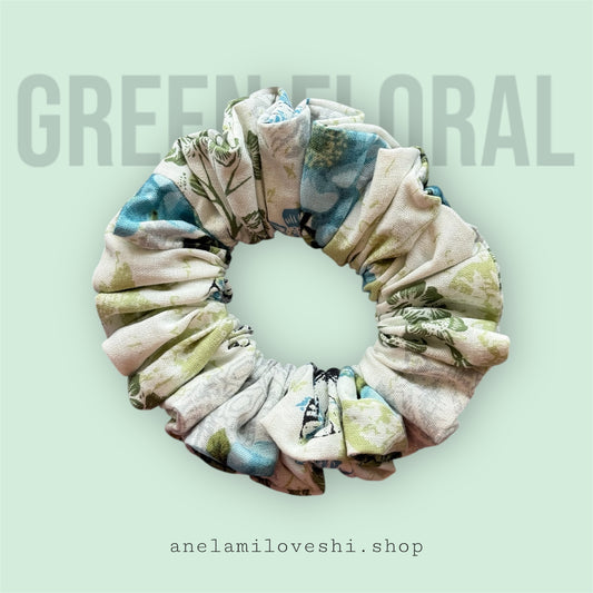 Green Floral Scrunchie SMALL